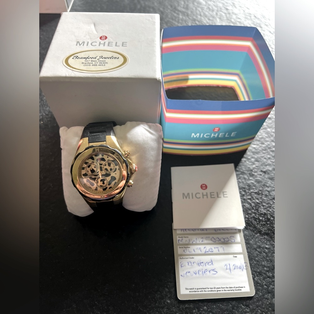 Michele Black Leather Strap Watch